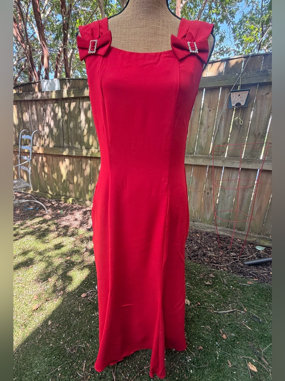 Red Maxi Dress with Embellished Shoulder Bows